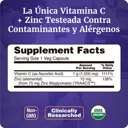 VITAMINA C Y ZINC | ÁCIDO ASCÓRBICO Y ZINC | 90 CAPS VEGANAS