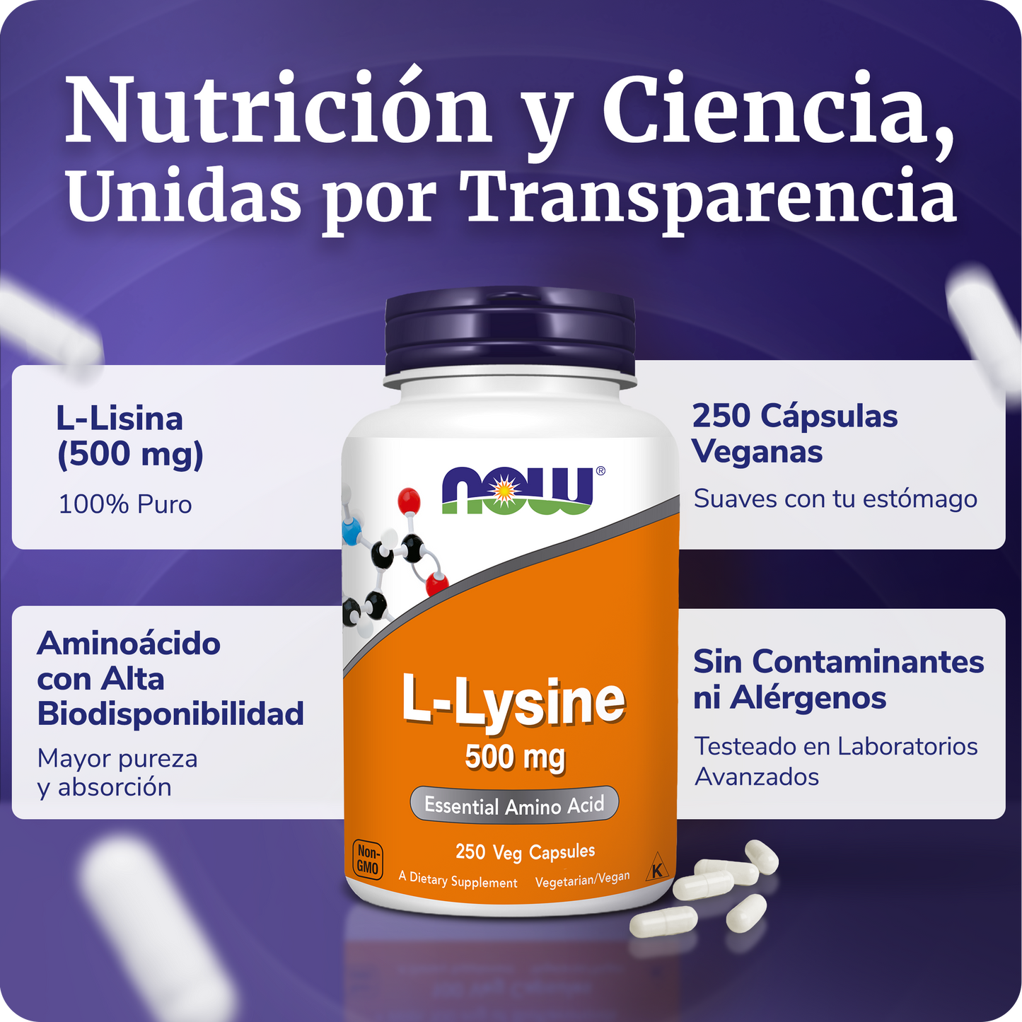 L-LISINA 500MG | PODEROSO AMINOÁCIDO | 250 CAPS VEGANAS