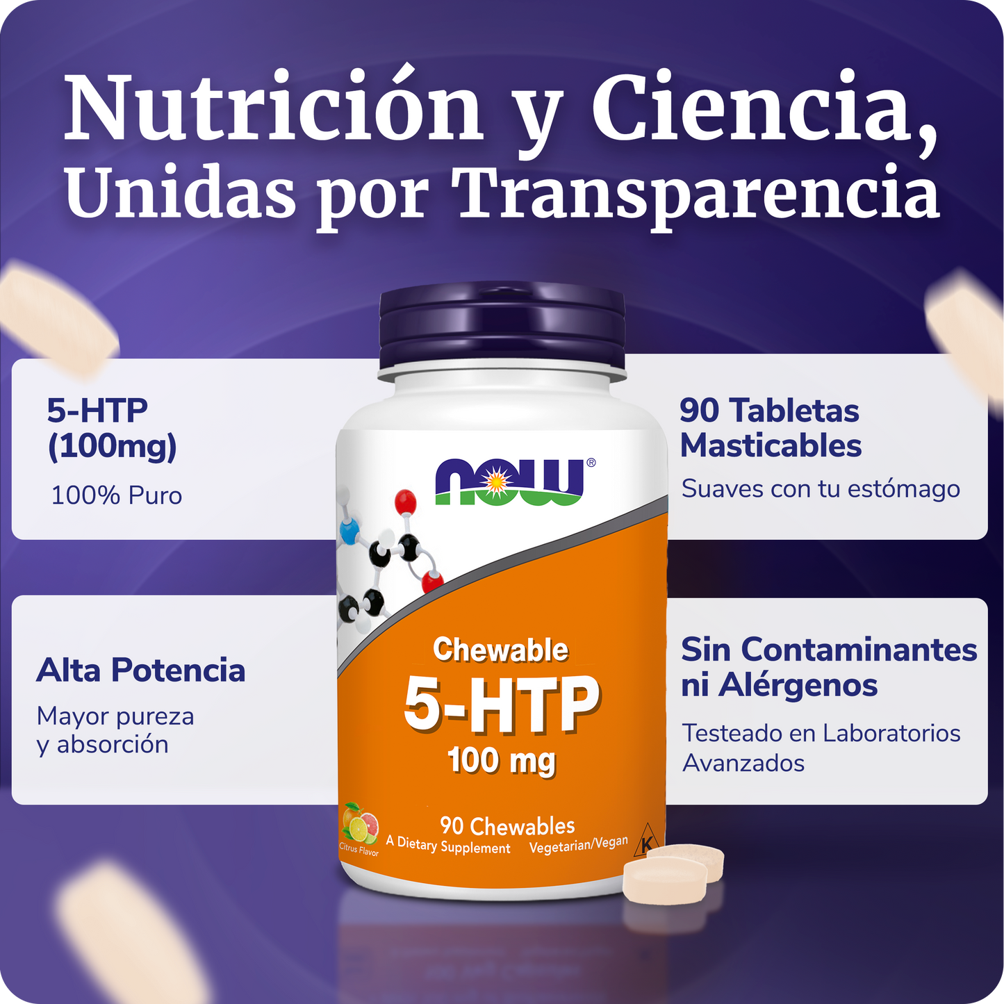 5HTP 100MG | SABORES CÍTRICOS | 90 TABLETAS MASTICABLES