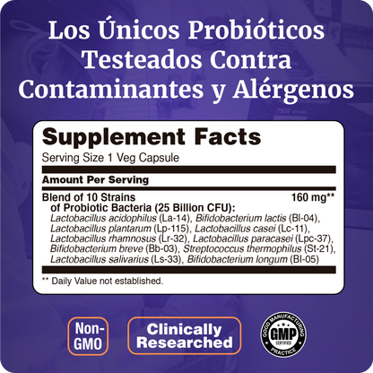 PROBIÓTICOS 25 BILLONES | 10 CEPAS PROBIÓTICAS | 50 CAPS VEG