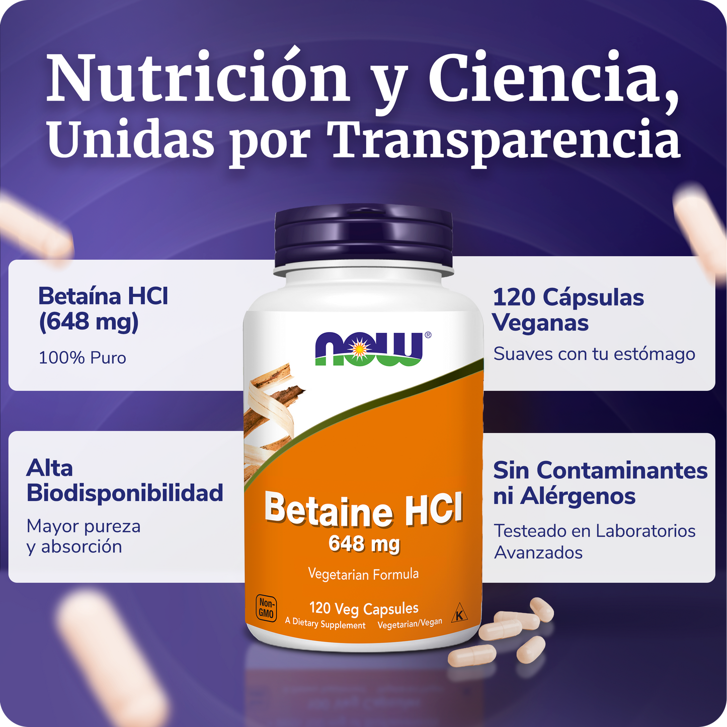 BETAÍNA HCL 648MG | ENZIMAS DIGESTIVAS | 120 CAPS VEGANAS