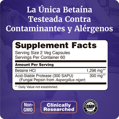 BETAÍNA HCL 648MG | ENZIMAS DIGESTIVAS | 120 CAPS VEGANAS